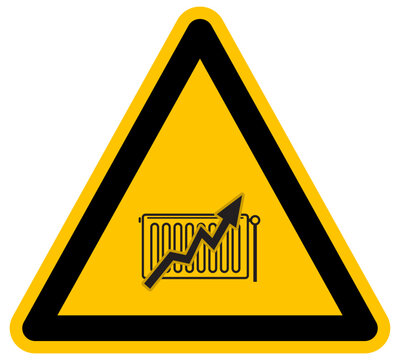 Se&ntilde;al de advertencia de aumento de costos de calefacci&oacute;n y energ&iacute;a s&iacute;mbolo de radiador con flecha ascendente ilustraci&oacute;n vectorial