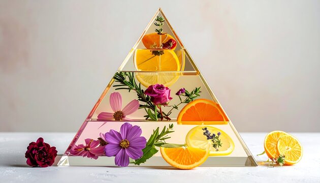 Artistic floral pyramid with citrus and flowers composition.