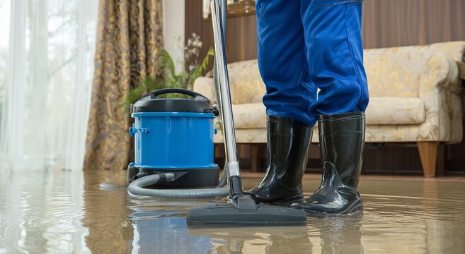 Person wearing blue work coveralls and black rubber boots uses a professional vacuum cleaner to remove standing water from a flooded residential floor