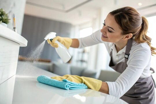 Woman smiles while cleaning a kitchen counter