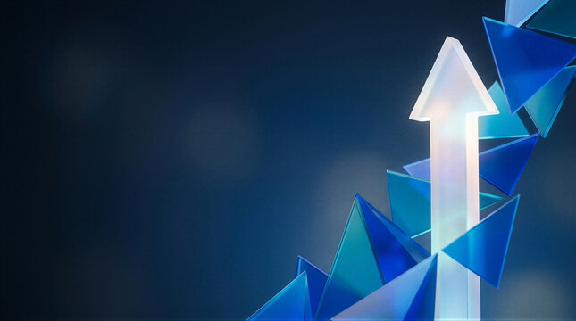 An up close shot of a white arrow surrounded by blue geometric shapes.