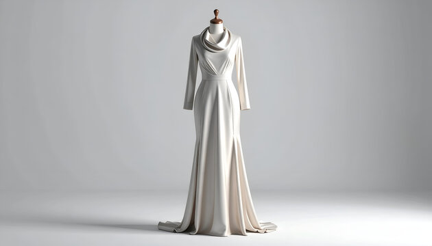 Elegant ivory gown with a cowl neck and long sleeves, on a mannequin