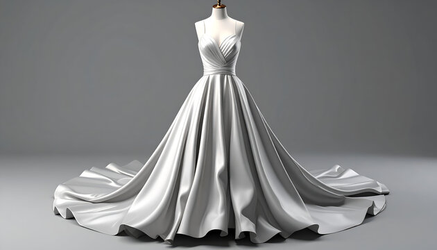 A pristine white wedding gown on a mannequin, with a flowing skirt and a fitted bodice (1)