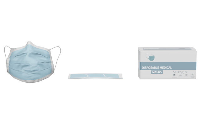 Disposable medical masks in a package on a plain background