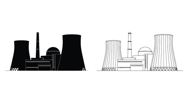 Two depictions of a nuclear power plant with cooling towers in black and white