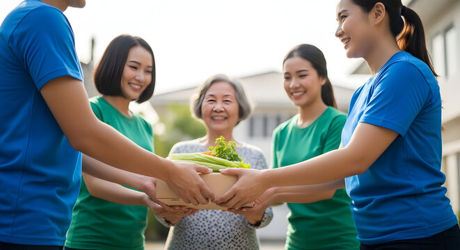 Kind volunteers deliver fresh food to smiling elderly woman in generous act of community support