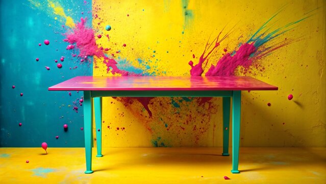 Vibrant fuchsia table against a backdrop of teal and yellow paint splatters, showcasing a dynamic and artistic display.