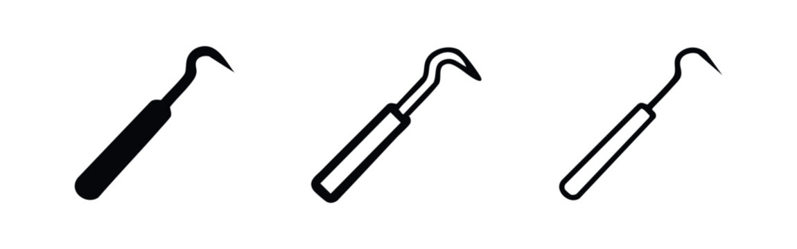 Dental hook tool icon set for dentistry and oral hygiene on white background.