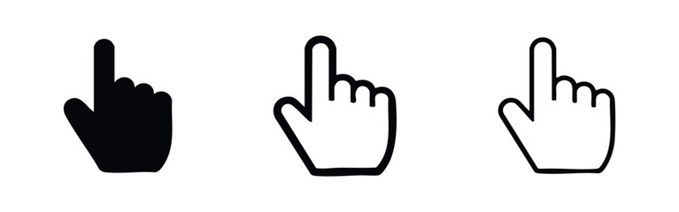 Naklejka premium Set of hand cursor icons. Finger pointer symbol for click and selection in solid, thick outline, and thin outline styles.