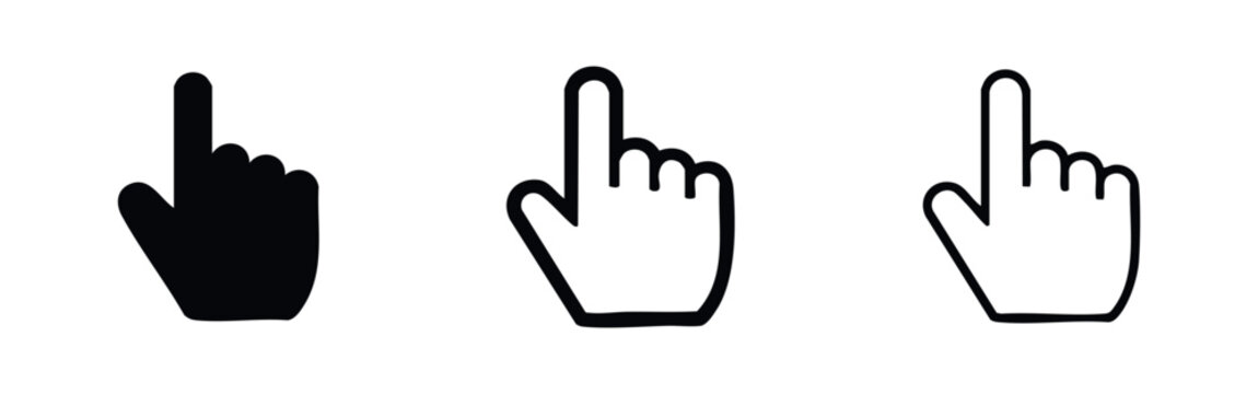 Set of hand cursor icons. Finger pointer symbol for click and selection in solid, thick outline, and thin outline styles.