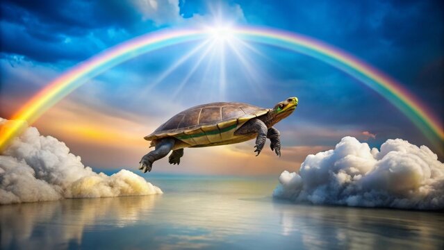 A majestic turtle soars through a vibrant rainbow arch, gracefully leaping between fluffy clouds over a tranquil body of water, a surreal and enchanting scene.