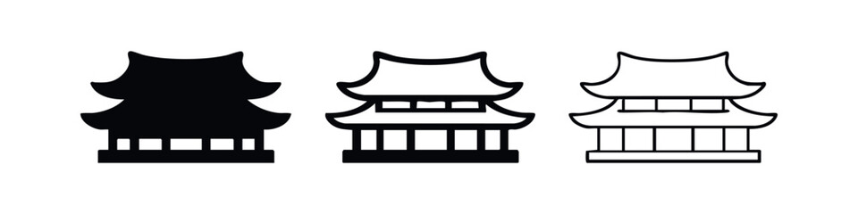 Pagoda icon set. Traditional Asian temple building symbol in solid, bold, and thin outline styles. Oriental architecture sign. © liubomir118809