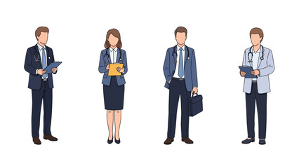 Obraz premium Healthcare Professionals Illustration Set: Diverse Doctors & Medical Staff with Stethoscopes and Documents