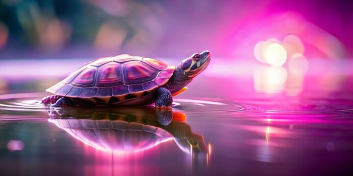 A tiny turtle gracefully enters a tranquil pink-hued pond, its shell reflecting the vibrant sunset