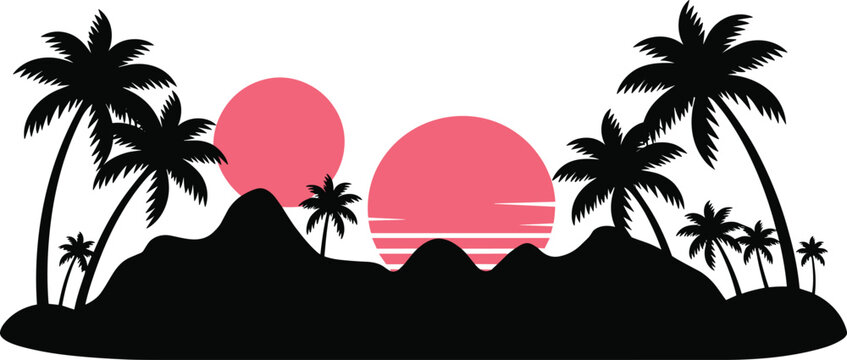 Stylized tropical landscape silhouette with palm trees, mountains, and vibrant pink sun, perfect for summer vacation themes, exotic travel illustration, or paradise artwork design.