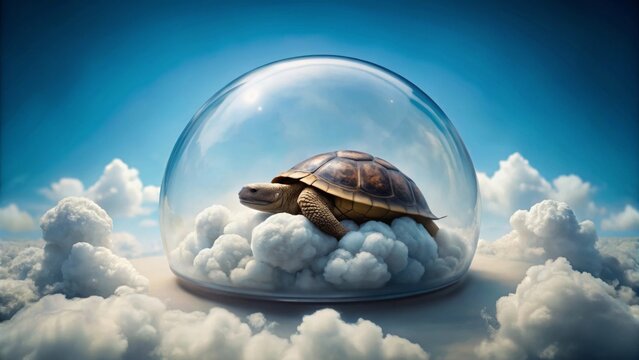 A tortoise rests peacefully amidst fluffy clouds, encased within a transparent dome, symbolizing serenity and gentle protection in a boundless sky.