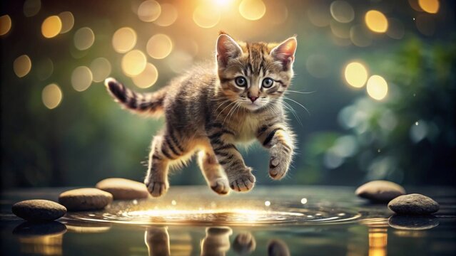 A playful kitten leaps gracefully over tranquil water, illuminated by a soft golden light, creating a serene and enchanting scene.