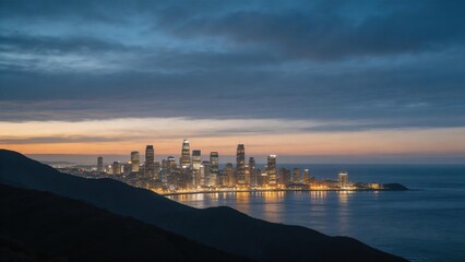 Naklejka premium City skyline at dusk by the sea