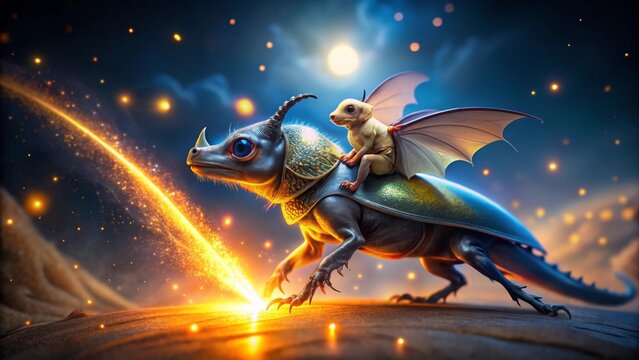 A fantastical armored dragon and a miniature winged creature embark on a nocturnal adventure, leaving a trail of incandescent sparks across a dark, mystical landscape under a radiant moon.