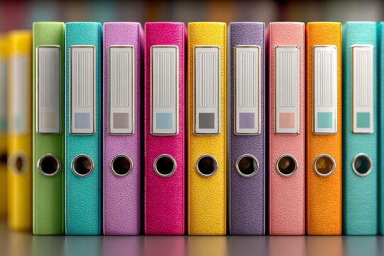 Row of colorful file folders with white paper labels on front, different shades green yellow pink purple blue orange, silver rings for office documents