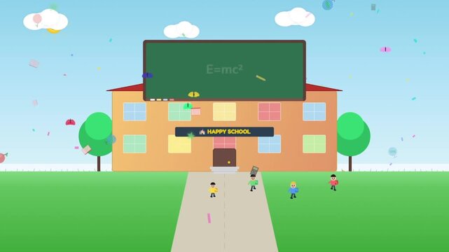 2D flat design animation of happy school building with students walking and giant blackboard education concept.