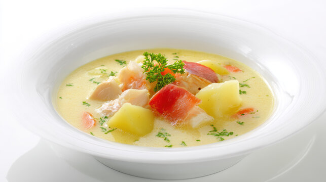 food photography of cullen skink in a rustic setting