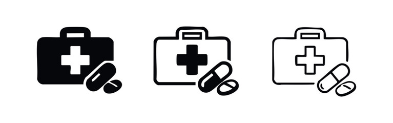 Fototapeta premium First aid kit and pills icon set. Medical bag symbol with medication in flat, outline, and hand-drawn style. Healthcare sign.