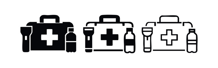 Obraz premium Emergency first aid kit icons with flashlight and water bottle. Preparedness symbols.