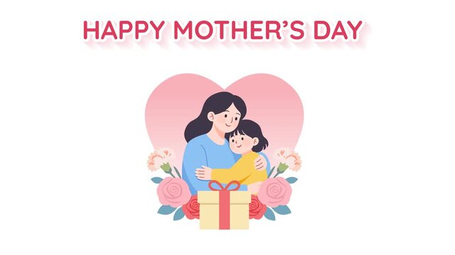 Little girl hugs happy laughing mom animated in flat illustration. Mother's day celebration.