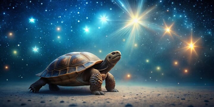 A lone tortoise journeys under a breathtaking celestial canvas, its gaze fixed on a radiant star, symbolizing hope and perseverance in a vast, starlit universe.