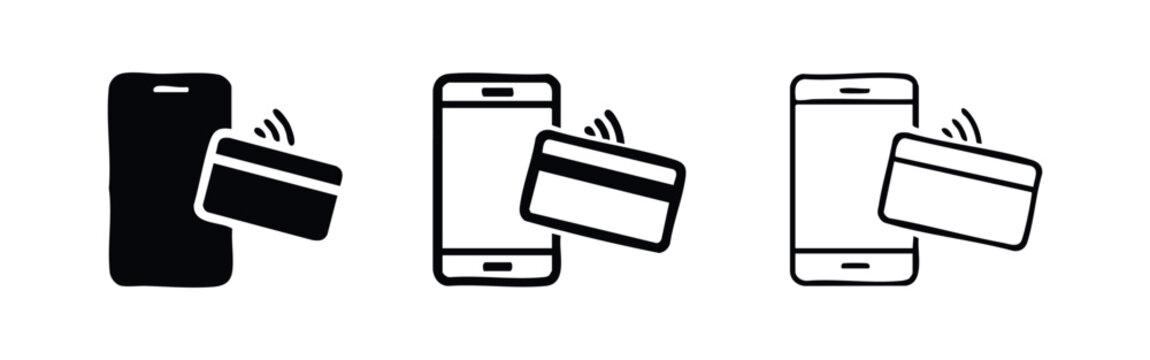 Contactless payment icon set. NFC enabled smartphone and credit card symbol. Wireless transaction concept vector illustration.