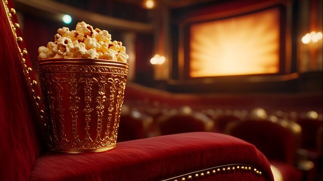 Luxury Cinema Popcorn in opulent theater seat awaits blockbuster.