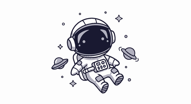 Cartoon Astronaut Floating in Space with Planets and Stars.