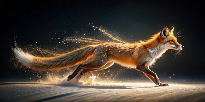 A majestic red fox gracefully leaps across a snowy landscape, its fur shimmering with ethereal golden light, leaving a sparkling trail in its wake.
