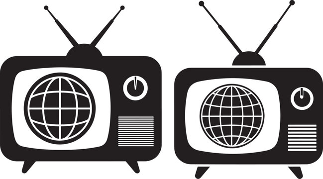 Vintage television silhouette icon showing globe, retro broadcast and communication symbol.