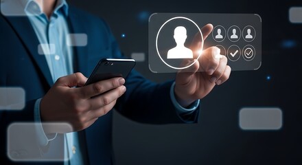 Obraz premium Man using smartphone with virtual profile selection interface dark background