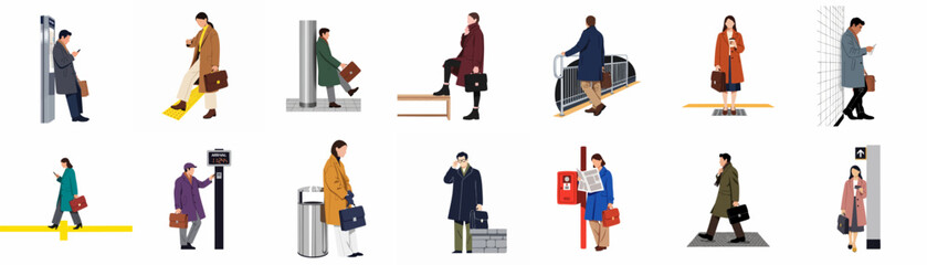 Flat vector illustration set of diverse commuters in stylish coats waiting at a metro or train station, carrying briefcases and using smartphones. © Sepuluh