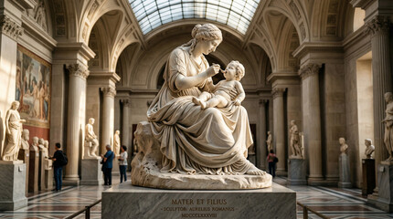 Fototapeta premium Marble Sculpture Mother Feeding Child Museum Art