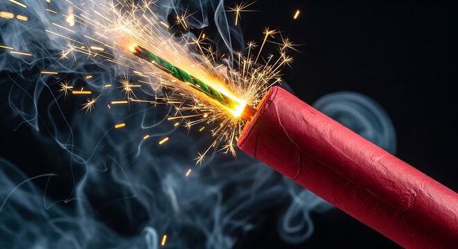 Red firecracker exploding with bright sparks and green fuse