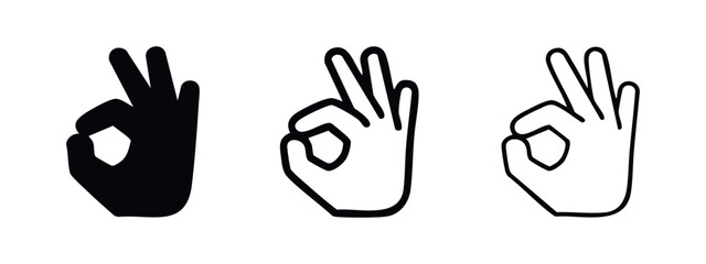 Obraz premium OK hand sign icon set in filled, bold outline, and thin outline styles indicating satisfaction.