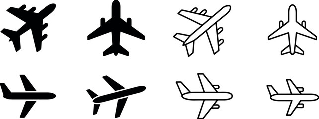 Fototapeta premium Plane icon set featuring airplane and flight transport symbols vector travel flat illustration aviation and transportation concept