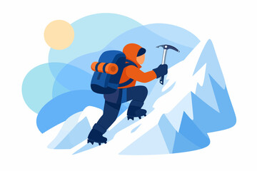 Fototapeta premium Mountaineer climbing snowy mountain peak with ice axe illustration