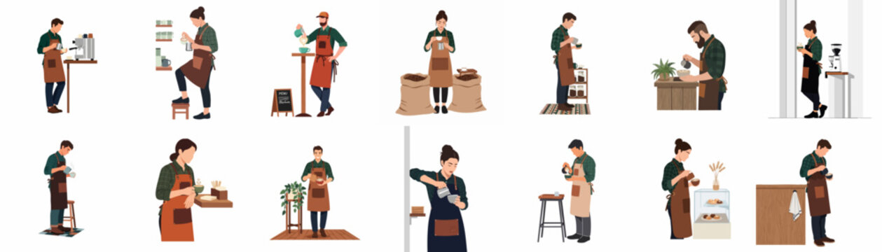Collection of diverse male and female baristas in aprons preparing coffee, making latte art, and serving drinks in a modern cafe setting.