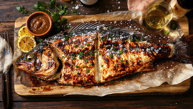 Top-Down Flat Lay Argentine Grilled Pac&uacute; Fish - Butterflied River Fish Over Embers - Traditional Litoral Cuisine - Deep Focus Food Photography