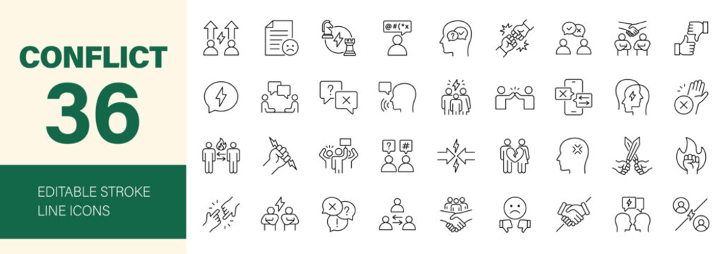 Conflict icon set. Editable line icons. Vector illustration.