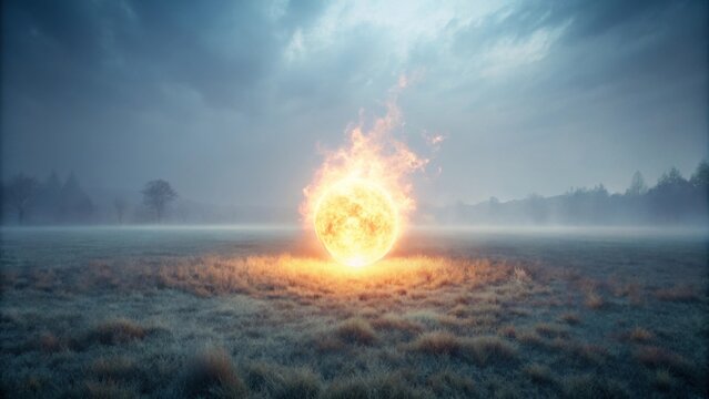 A fiery orb rests in a misty field, illuminating the landscape with an ethereal glow, under a dramatic sky.