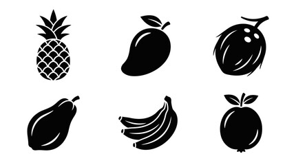 A collection of tropical fruits including pineapple, mango, coconut, papaya, bananas, and guava on a white background © fir