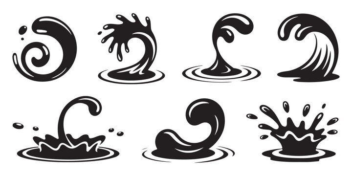 Set of Black and White Liquid Splash and Wave Icons