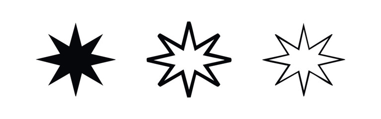 Obraz premium Seven-pointed star icons set in solid, bold outline, and thin outline styles, abstract symbol vector illustration.