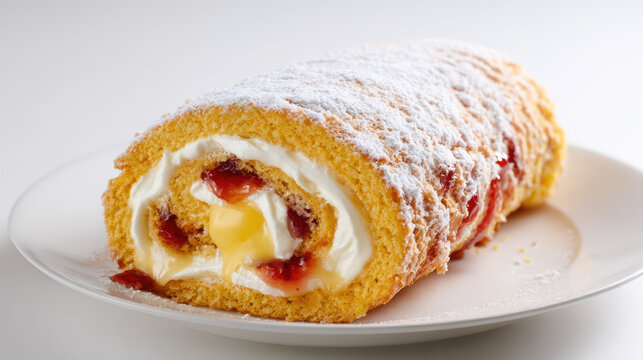 delicious jam roly-poly dessert with custard and berries